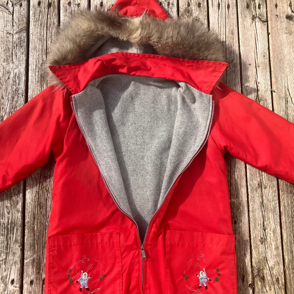 Red Hooded Women's Jacket with Faux Fur Trim